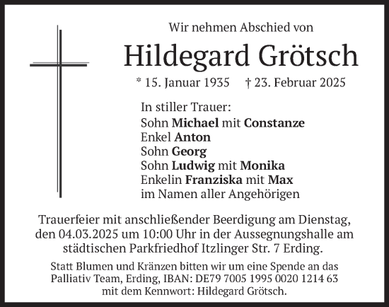 Traueranzeige von Hildegard Grötsch von merkurtz