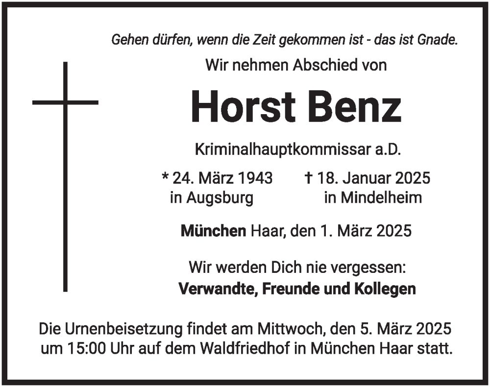  Traueranzeige für Horst Benz vom 01.03.2025 aus merkurtz