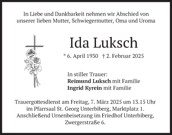 Traueranzeige von Ida Luksch von merkurtz