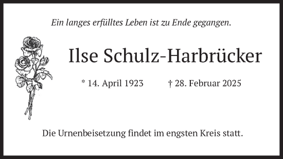 Traueranzeige von Ilse Schulz-Harbrücker von merkurtz