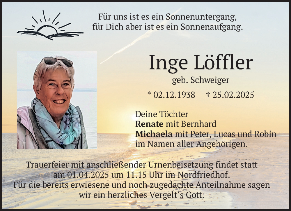  Traueranzeige für Inge Löffler vom 29.03.2025 aus merkurtz