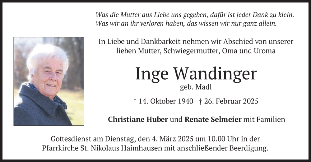  Traueranzeige für Inge Wandinger vom 01.03.2025 aus merkurtz