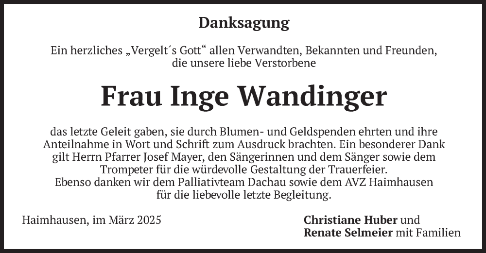  Traueranzeige für Inge Wandinger vom 08.03.2025 aus merkurtz