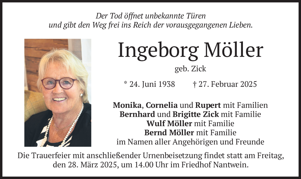  Traueranzeige für Ingeborg Möller vom 22.03.2025 aus merkurtz