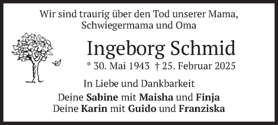 Traueranzeige von Ingeborg Schmid von merkurtz