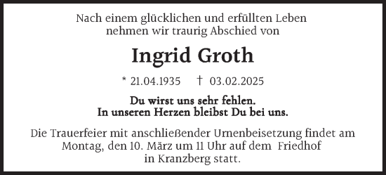 Traueranzeige von Ingrid Groth von merkurtz