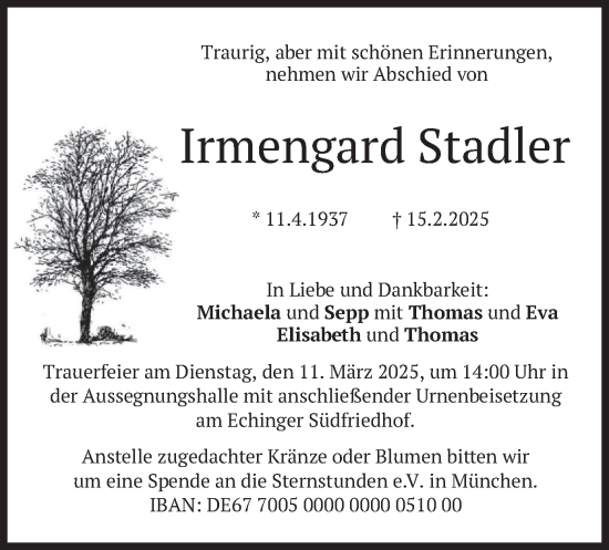 Traueranzeige von Irmengard Stadler von merkurtz
