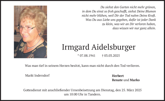 Traueranzeige von Irmgard Aidelsburger von merkurtz