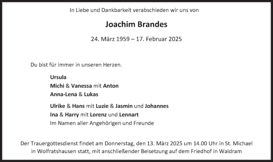 Traueranzeige von Joachim Brandes von merkurtz