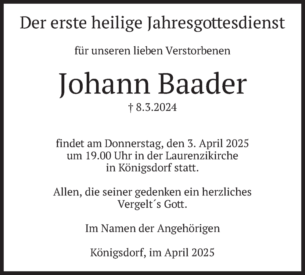  Traueranzeige für Johann Baader vom 31.03.2025 aus merkurtz