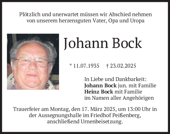 Traueranzeige von Johann Bock von merkurtz
