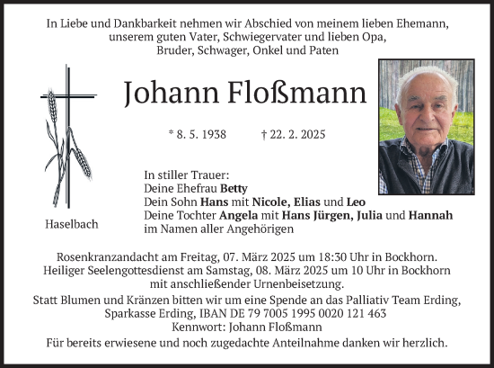 Traueranzeige von Johann Floßmann von merkurtz