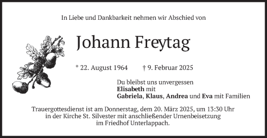 Traueranzeige von Johann Freytag von merkurtz