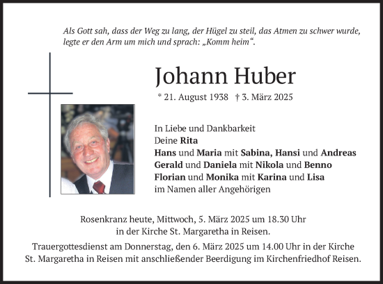 Traueranzeige von Johann Huber von merkurtz