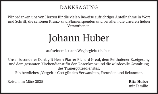 Traueranzeige von Johann Huber von merkurtz