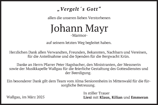 Traueranzeige von Johann Mayr von merkurtz