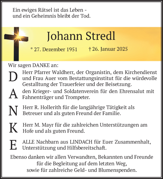 Traueranzeige von Johann Stredl von merkurtz