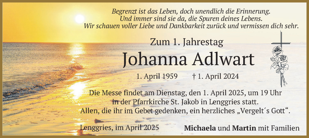  Traueranzeige für Johanna Adlwart vom 29.03.2025 aus merkurtz