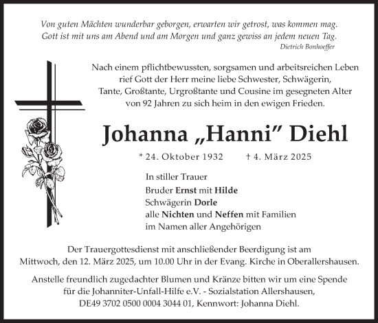 Traueranzeige von Johanna Diehl von merkurtz