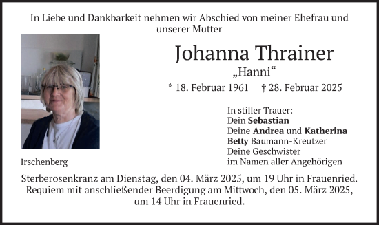 Traueranzeige von Johanna Thrainer von merkurtz