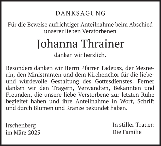 Traueranzeige von Johanna Thrainer von merkurtz