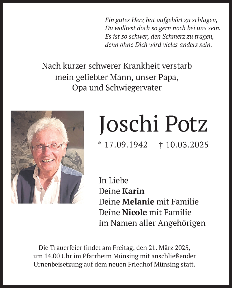  Traueranzeige für Joschi Potz vom 15.03.2025 aus merkurtz
