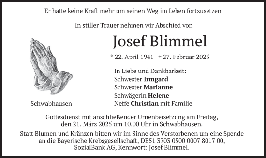 Traueranzeige von Josef Blimmel von merkurtz