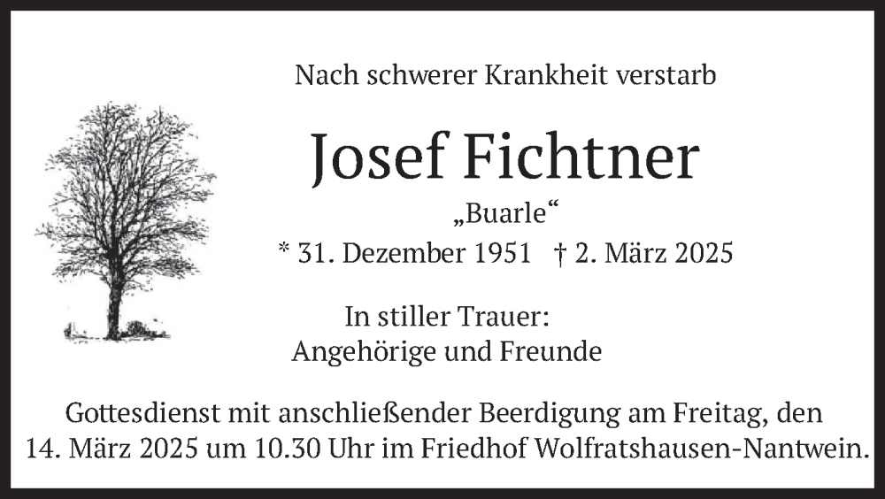  Traueranzeige für Josef Fichtner vom 08.03.2025 aus merkurtz