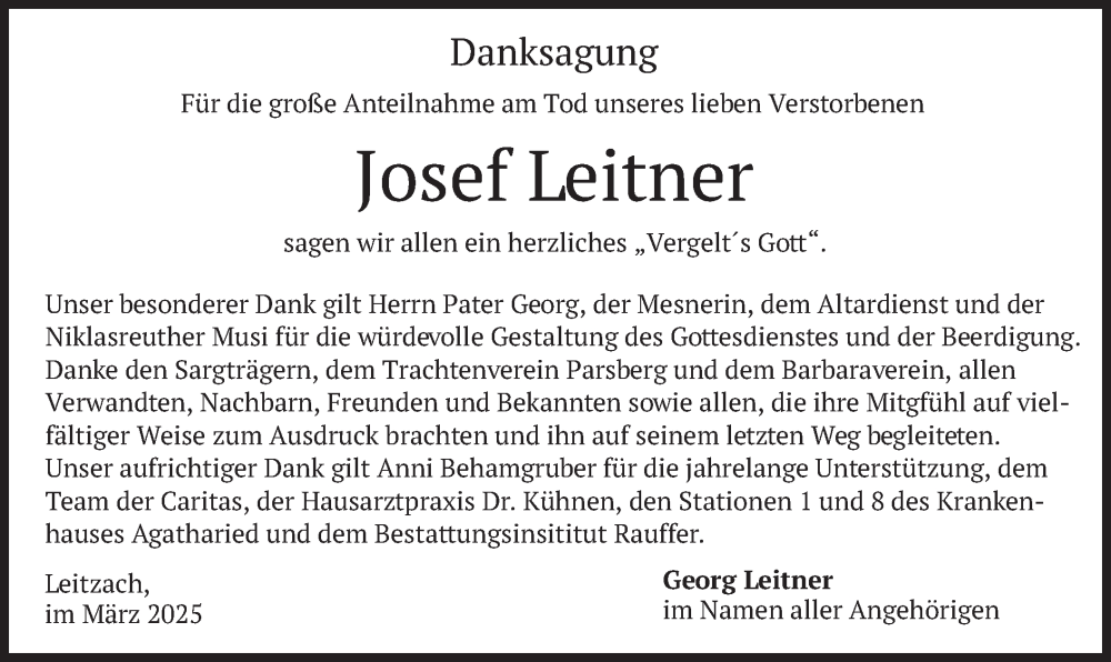  Traueranzeige für Josef Leitner vom 01.03.2025 aus merkurtz