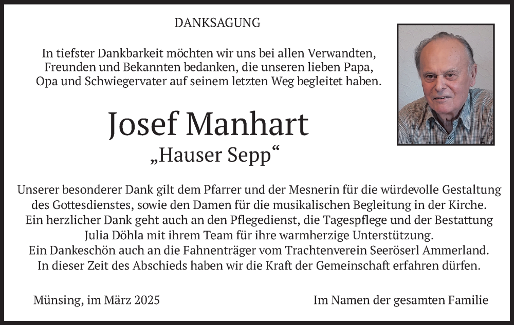  Traueranzeige für Josef Manhart vom 29.03.2025 aus merkurtz