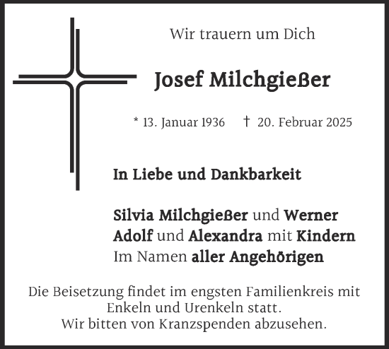 Traueranzeige von Josef Milchgießer von merkurtz