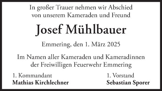 Traueranzeige von Josef Mühlbauer von merkurtz