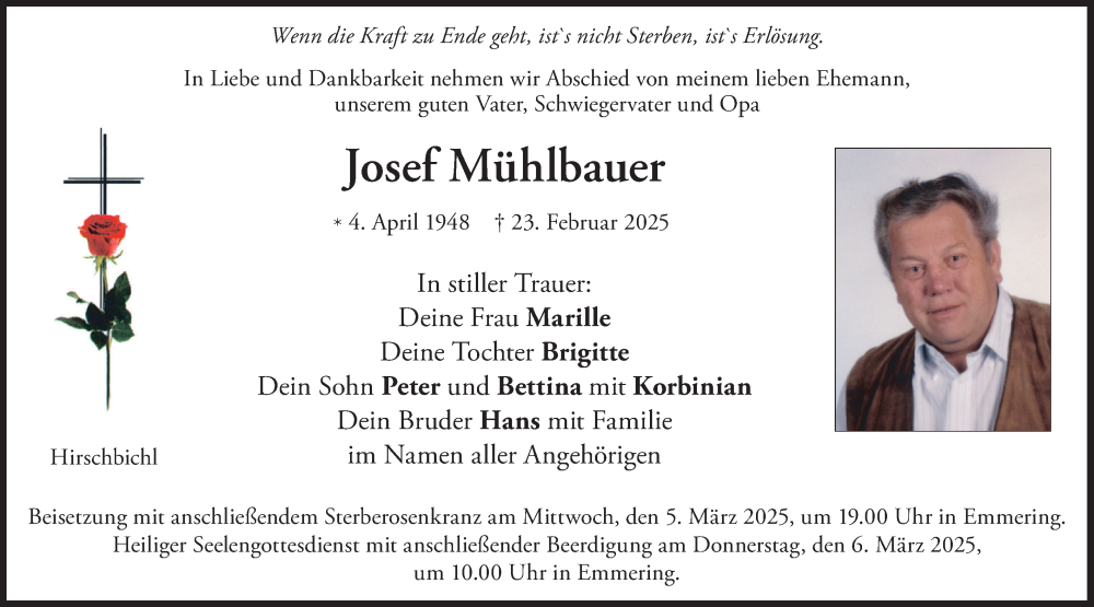  Traueranzeige für Josef Mühlbauer vom 01.03.2025 aus merkurtz