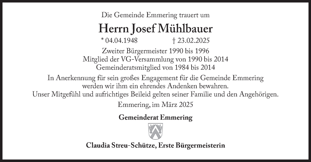  Traueranzeige für Josef Mühlbauer vom 04.03.2025 aus merkurtz