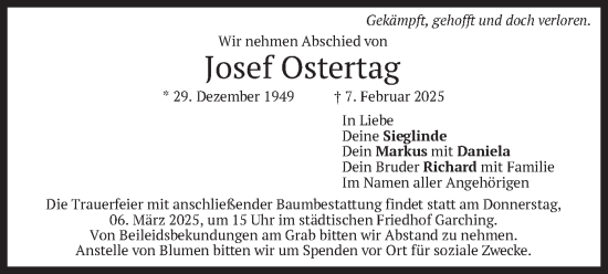 Traueranzeige von Josef Ostertag von merkurtz