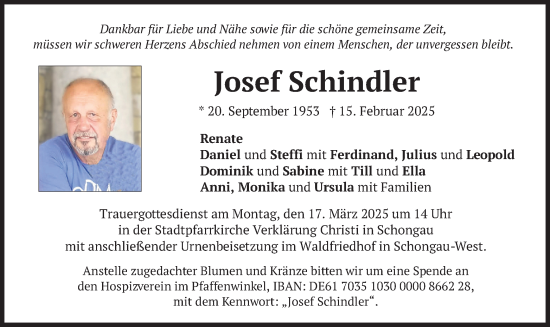 Traueranzeige von Josef Schindler von merkurtz