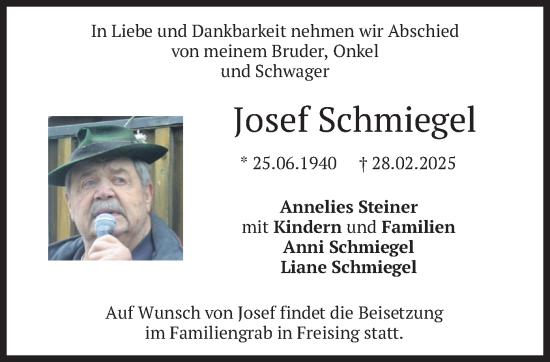 Traueranzeige von Josef Schmiegel von merkurtz