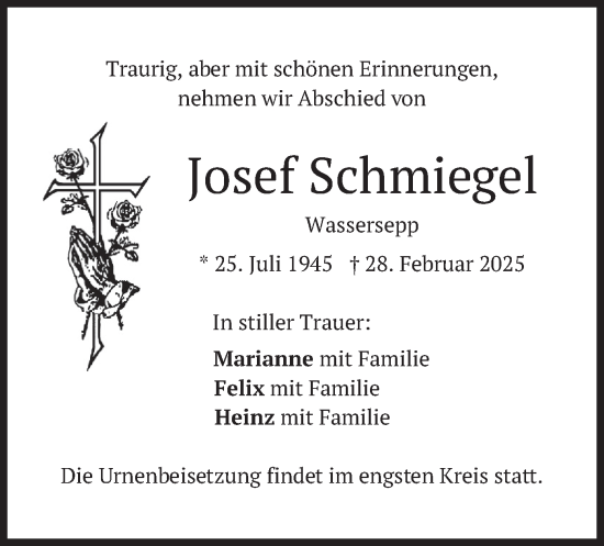 Traueranzeige von Josef Schmiegel von merkurtz
