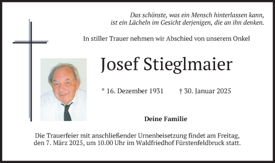 Traueranzeige von Josef Stieglmaier von merkurtz