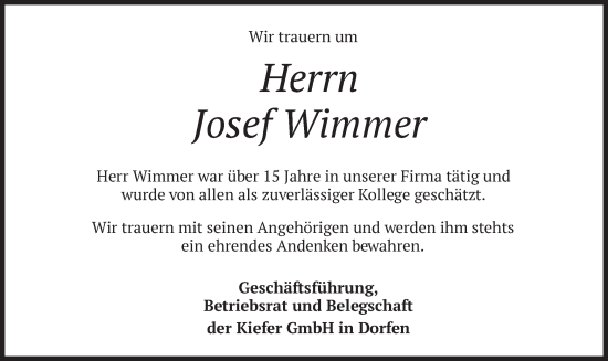 Traueranzeige von Josef Wimmer von merkurtz