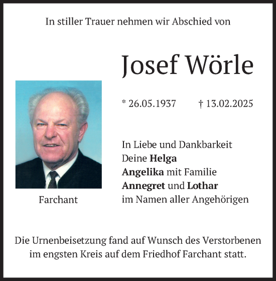 Traueranzeige von Josef Wörle von merkurtz