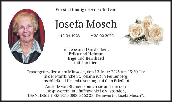 Traueranzeige von Josefa Mosch von merkurtz
