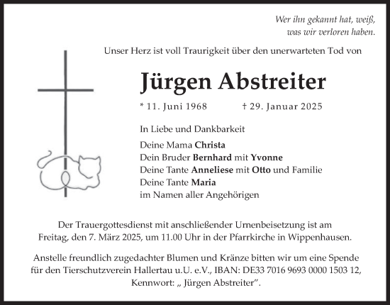 Traueranzeige von Jürgen Abstreiter von merkurtz
