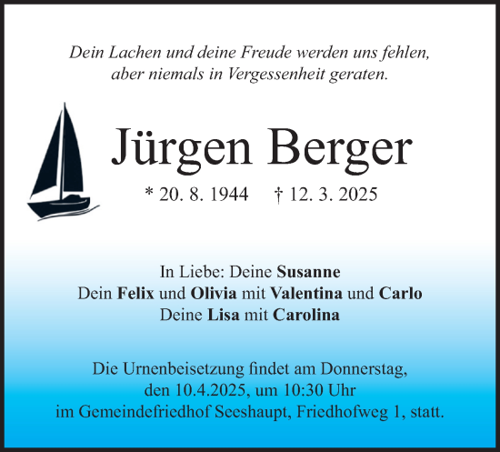 Traueranzeige von Jürgen Berger von merkurtz
