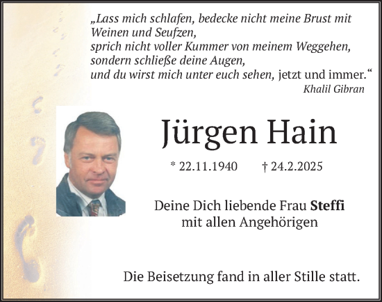 Traueranzeige von Jürgen Hain von merkurtz