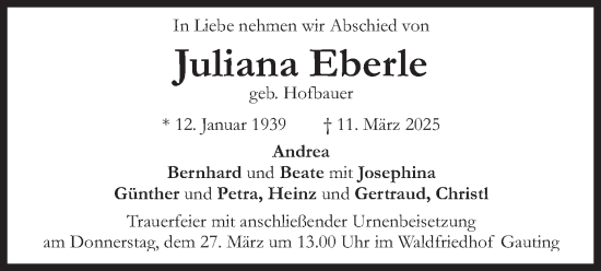Traueranzeige von Juliana Eberle von merkurtz