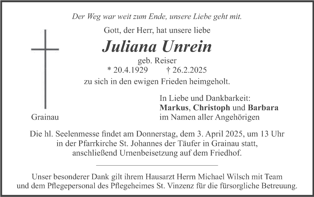  Traueranzeige für Juliana Unrein vom 29.03.2025 aus merkurtz
