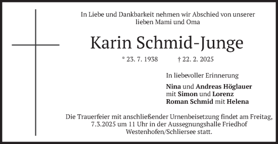 Traueranzeige von Karin Schmid-Junge von merkurtz