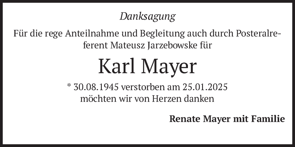  Traueranzeige für Karl Mayer vom 01.03.2025 aus merkurtz
