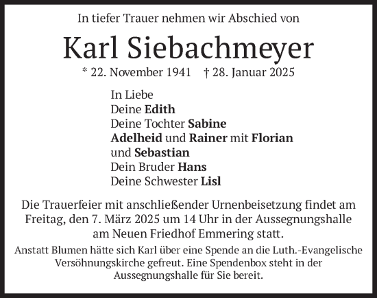 Traueranzeige von Karl Siebachmeyer von merkurtz